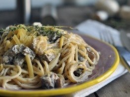 Спагетти с грибами и баклажанами под сливочным соусом